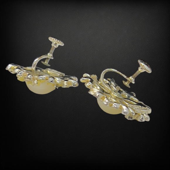 Vintage Signed Karu Arke Enamel, Rhinestone & Lucite Cabochon Skewback Earrings - Picture 4 of 5